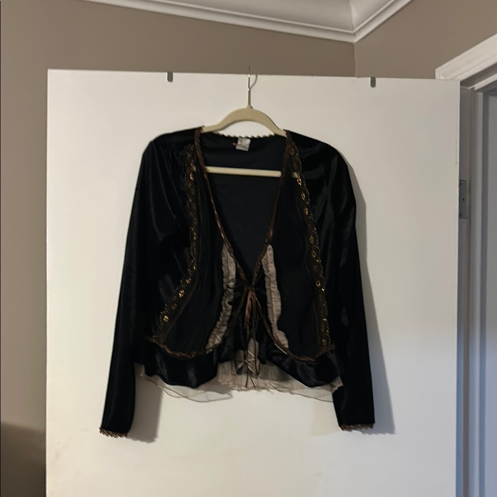 Black Vintage velour jacket with brown sparkly lace, beige lace, and ties in the